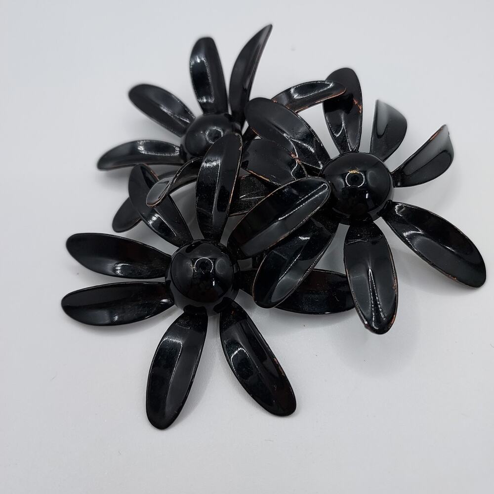 Vintage Mod Triple Flower Brooch Metal Enamel Black 3" Wide MCM 1960s Hippie